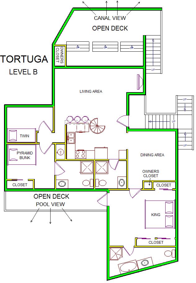 A level B layout view of Sand 'N Sea canal vacation rental in Galveston named Tortuga